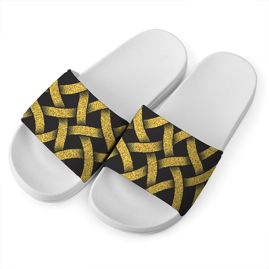 Gold Celtic Knot Symbol Print White Slide Sandals