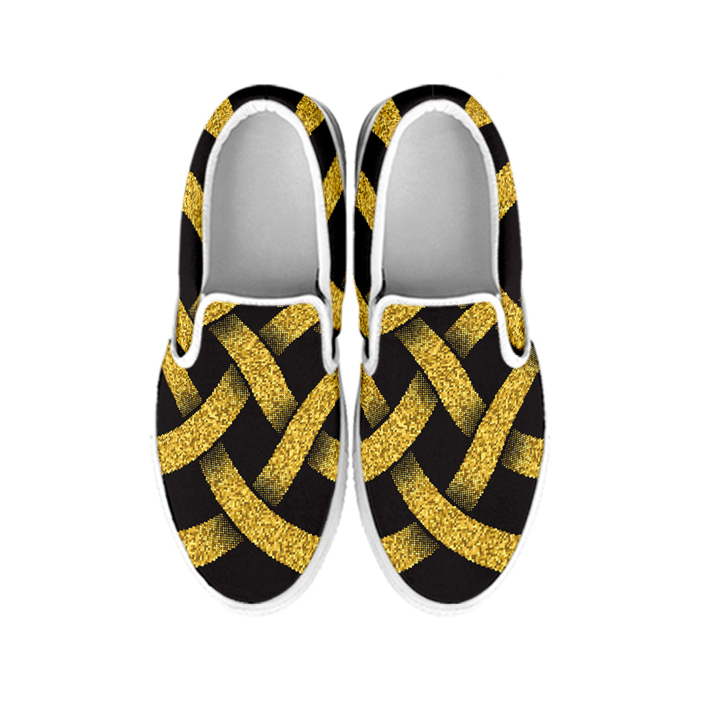 Gold Celtic Knot Symbol Print White Slip On Shoes
