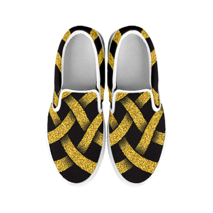 Gold Celtic Knot Symbol Print White Slip On Shoes