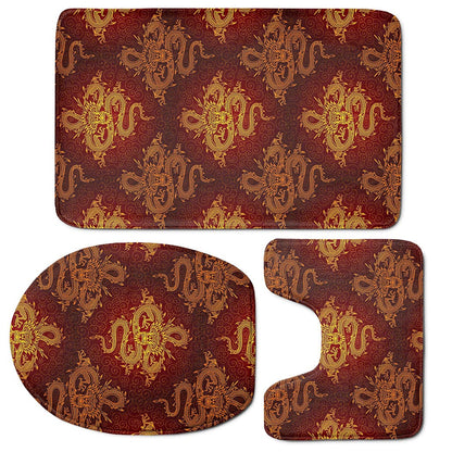 Gold Chinese Dragon Pattern Print 3 Piece Bath Mat Set