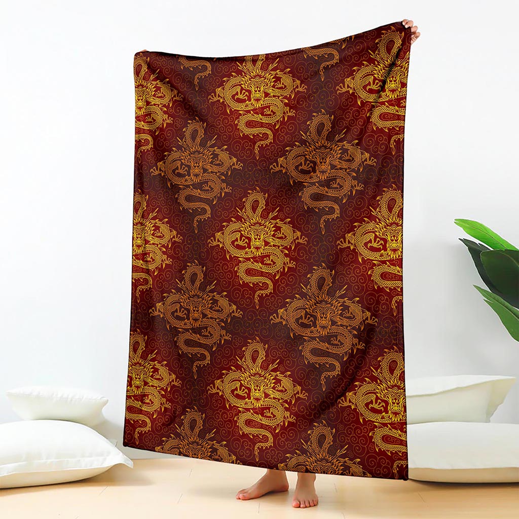 Gold Chinese Dragon Pattern Print Blanket