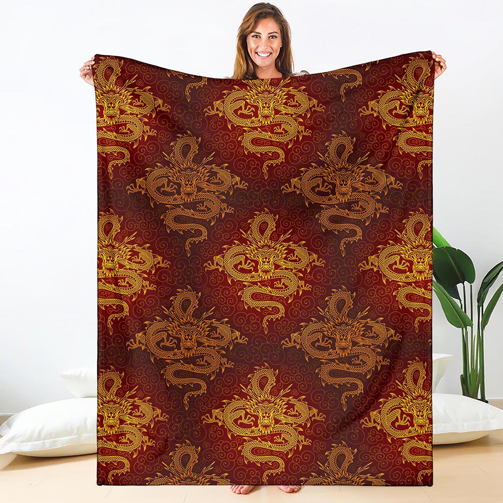 Gold Chinese Dragon Pattern Print Blanket