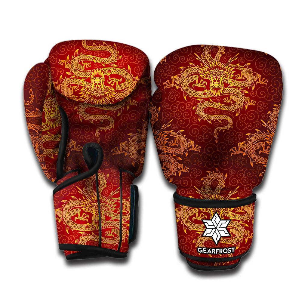 Gold Chinese Dragon Pattern Print Boxing Gloves