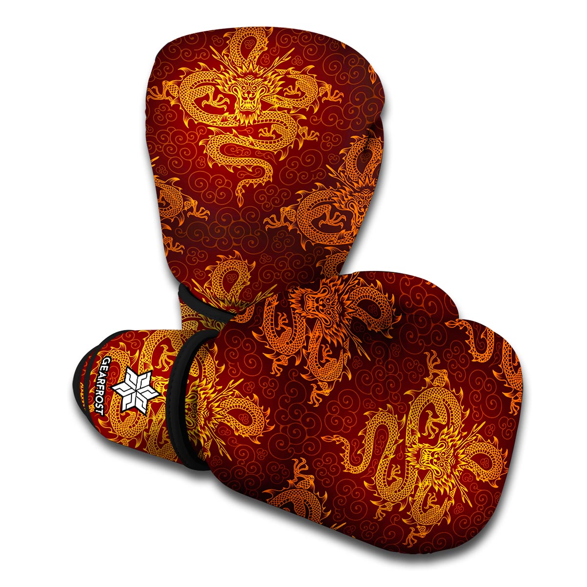 Gold Chinese Dragon Pattern Print Boxing Gloves