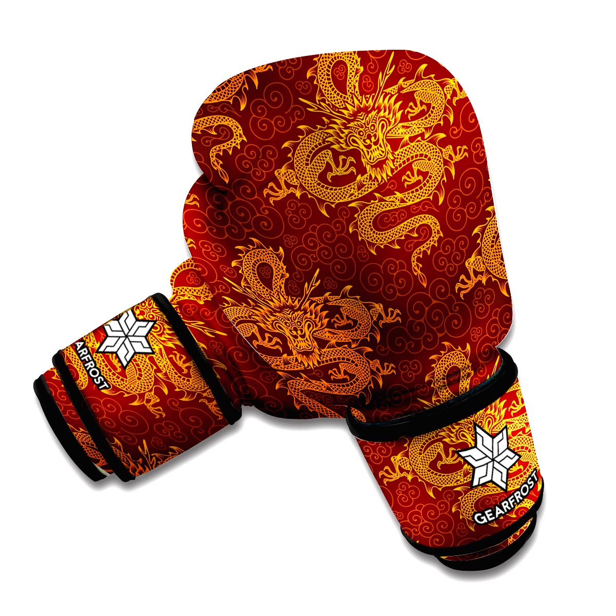 Gold Chinese Dragon Pattern Print Boxing Gloves