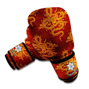 Gold Chinese Dragon Pattern Print Boxing Gloves