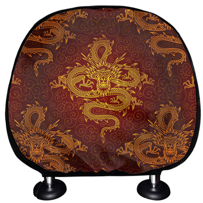 Gold Chinese Dragon Pattern Print Car Headrest Covers