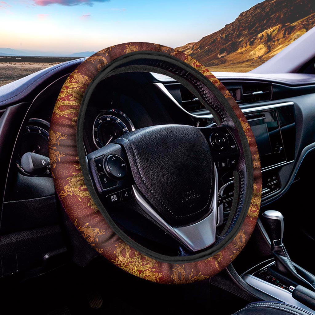 Gold Chinese Dragon Pattern Print Car Steering Wheel Cover