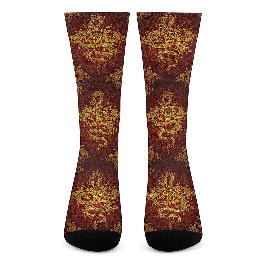 Gold Chinese Dragon Pattern Print Crew Socks Gold Chinese Dragon Pattern Print Crew Socks