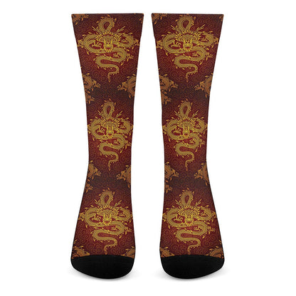 Gold Chinese Dragon Pattern Print Crew Socks