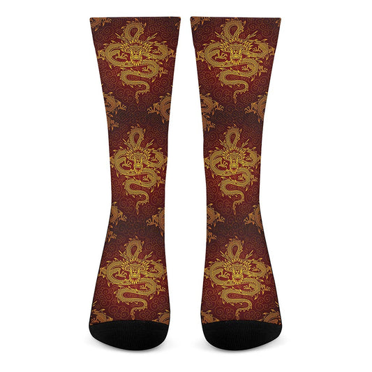 Gold Chinese Dragon Pattern Print Crew Socks