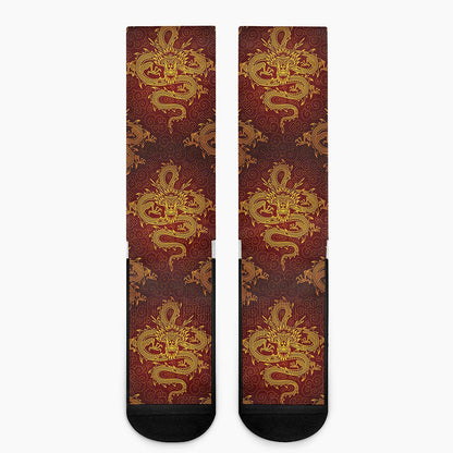 Gold Chinese Dragon Pattern Print Crew Socks