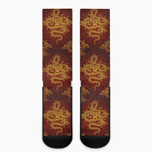 Gold Chinese Dragon Pattern Print Crew Socks