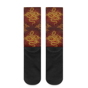 Gold Chinese Dragon Pattern Print Crew Socks