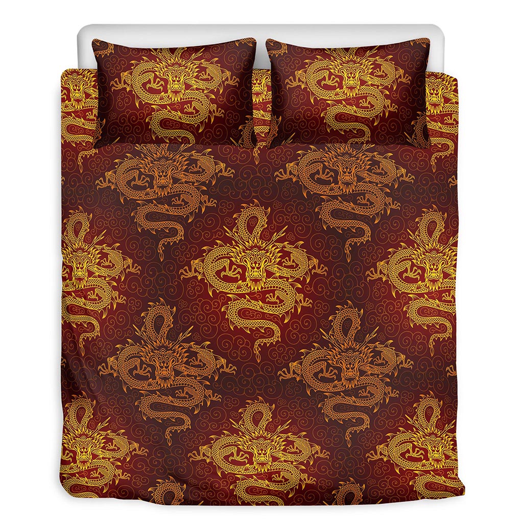 Gold Chinese Dragon Pattern Print Duvet Cover Bedding Set