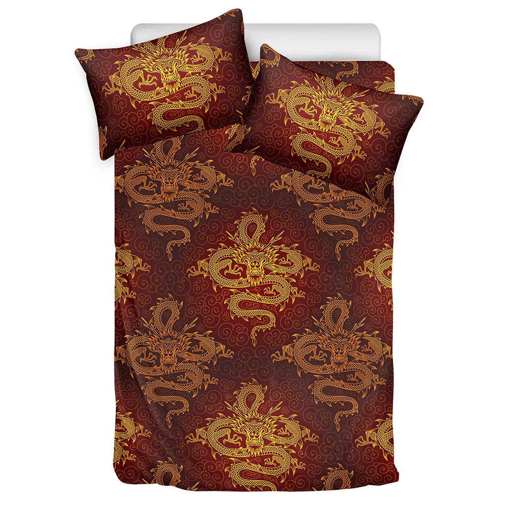 Gold Chinese Dragon Pattern Print Duvet Cover Bedding Set