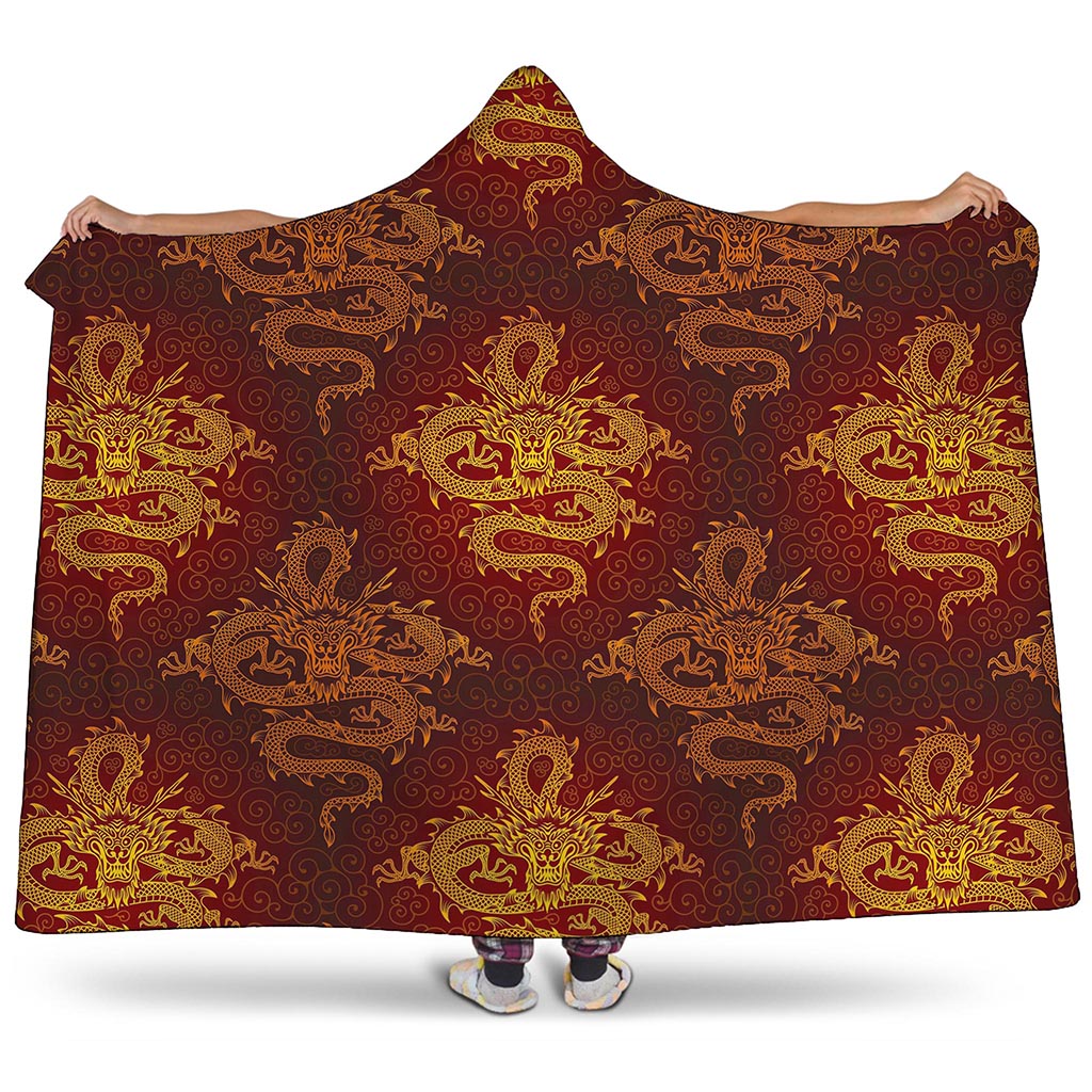 Gold Chinese Dragon Pattern Print Hooded Blanket