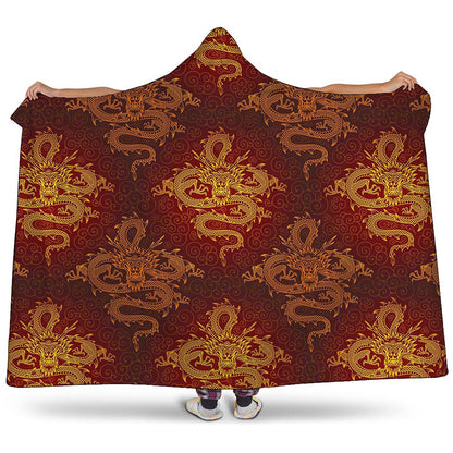 Gold Chinese Dragon Pattern Print Hooded Blanket