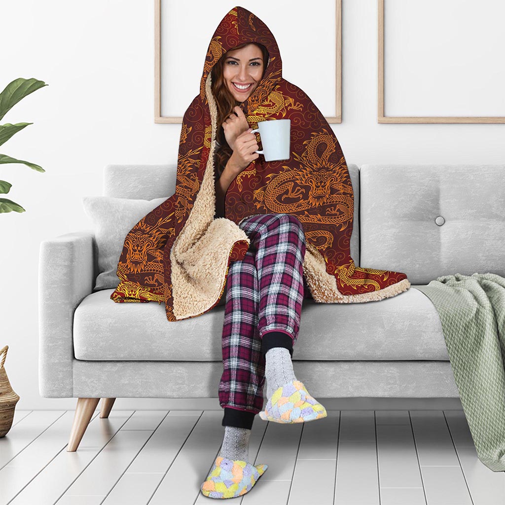 Gold Chinese Dragon Pattern Print Hooded Blanket