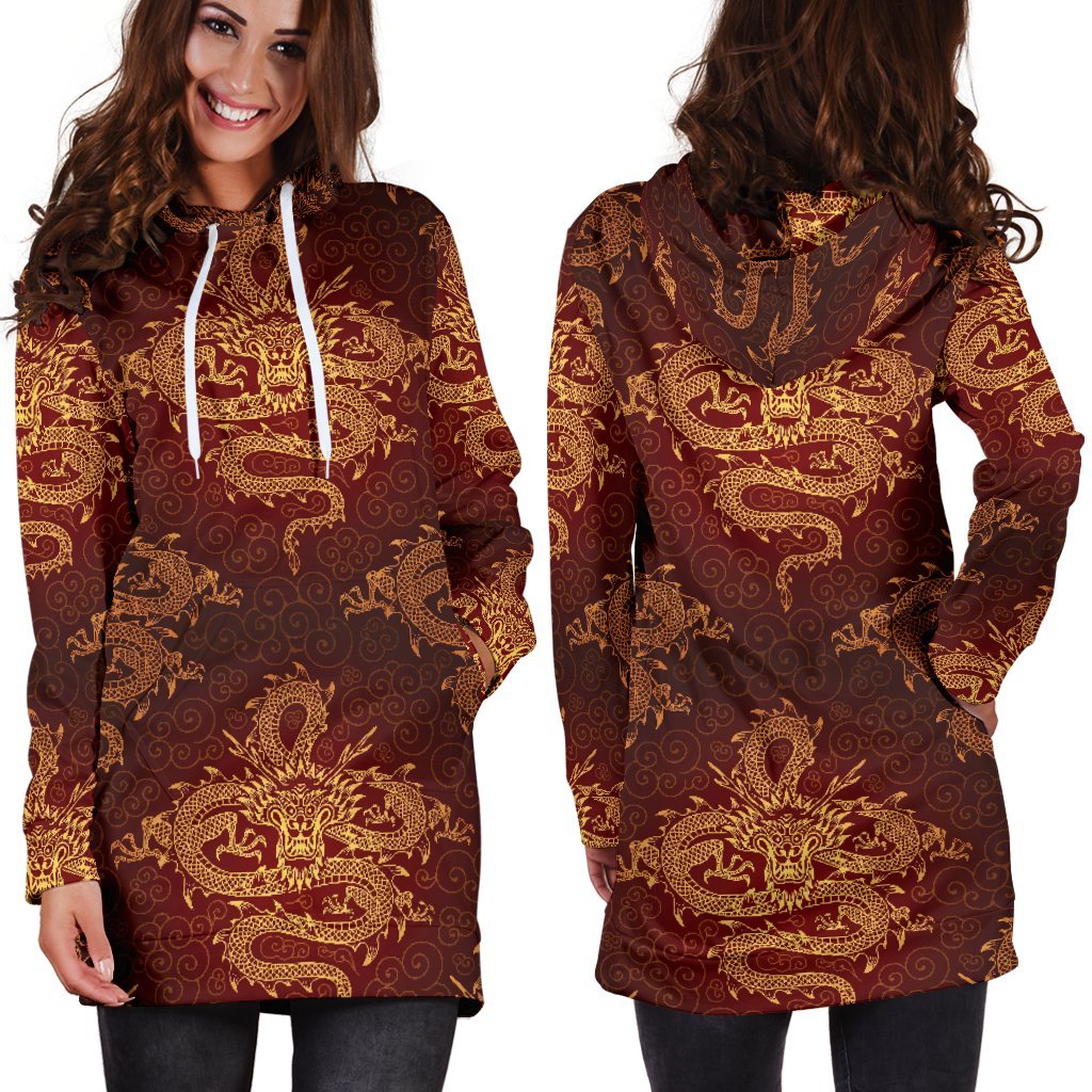 Gold Chinese Dragon Pattern Print Hoodie Dress GearFrost