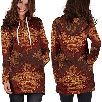 Gold Chinese Dragon Pattern Print Hoodie Dress GearFrost
