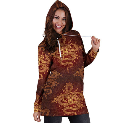 Gold Chinese Dragon Pattern Print Hoodie Dress GearFrost