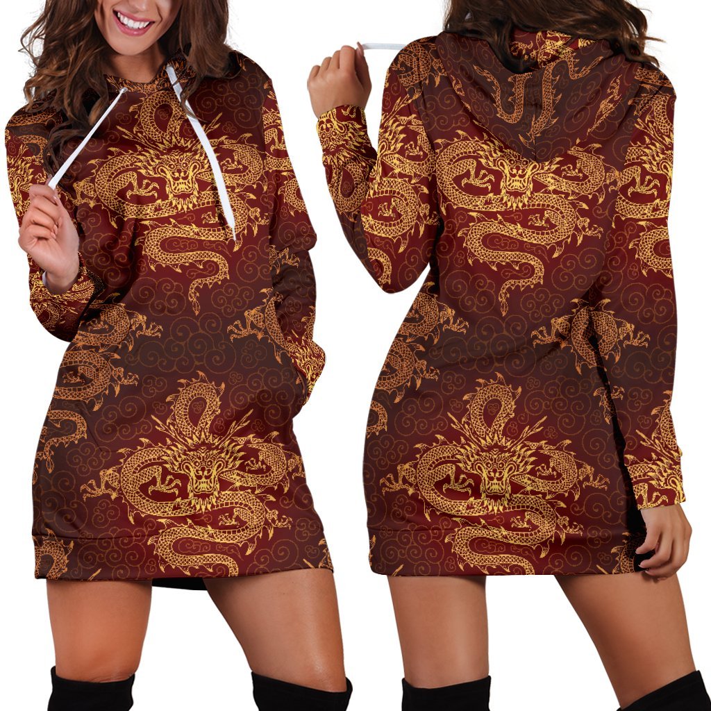 Gold Chinese Dragon Pattern Print Hoodie Dress GearFrost