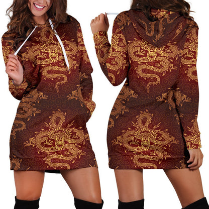Gold Chinese Dragon Pattern Print Hoodie Dress GearFrost