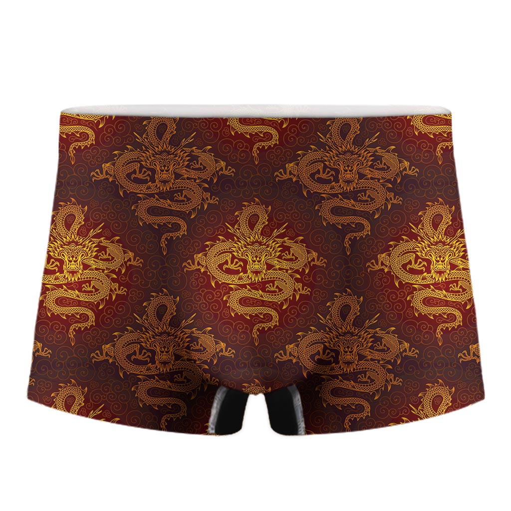 Gold Chinese Dragon Pattern Print Men's Boxer Briefs