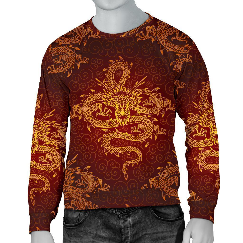 Gold Chinese Dragon Pattern Print Men's Crewneck Sweatshirt GearFrost