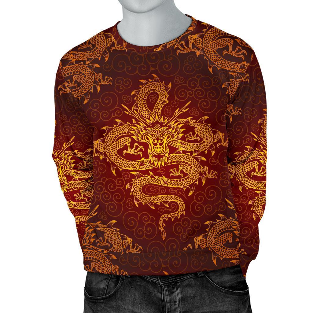 Gold Chinese Dragon Pattern Print Men's Crewneck Sweatshirt GearFrost