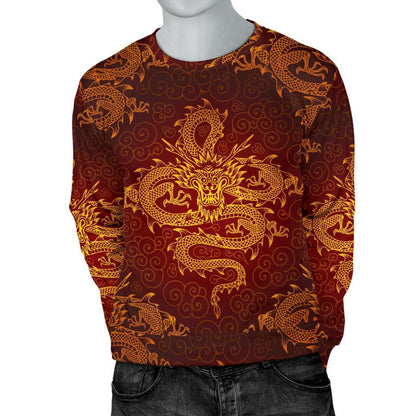 Gold Chinese Dragon Pattern Print Men's Crewneck Sweatshirt GearFrost
