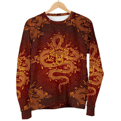 Gold Chinese Dragon Pattern Print Men's Crewneck Sweatshirt GearFrost