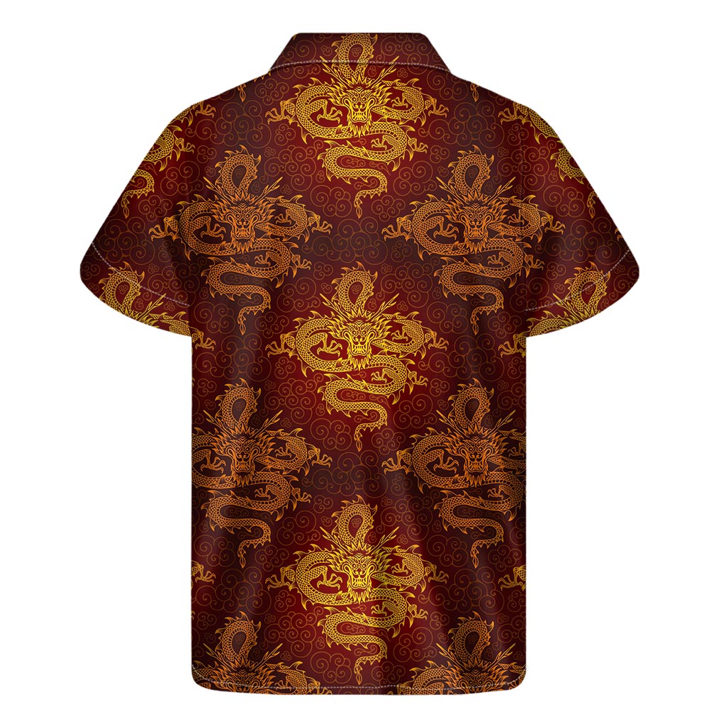 Gold Chinese Dragon Pattern Print Men's Short Sleeve Shirt