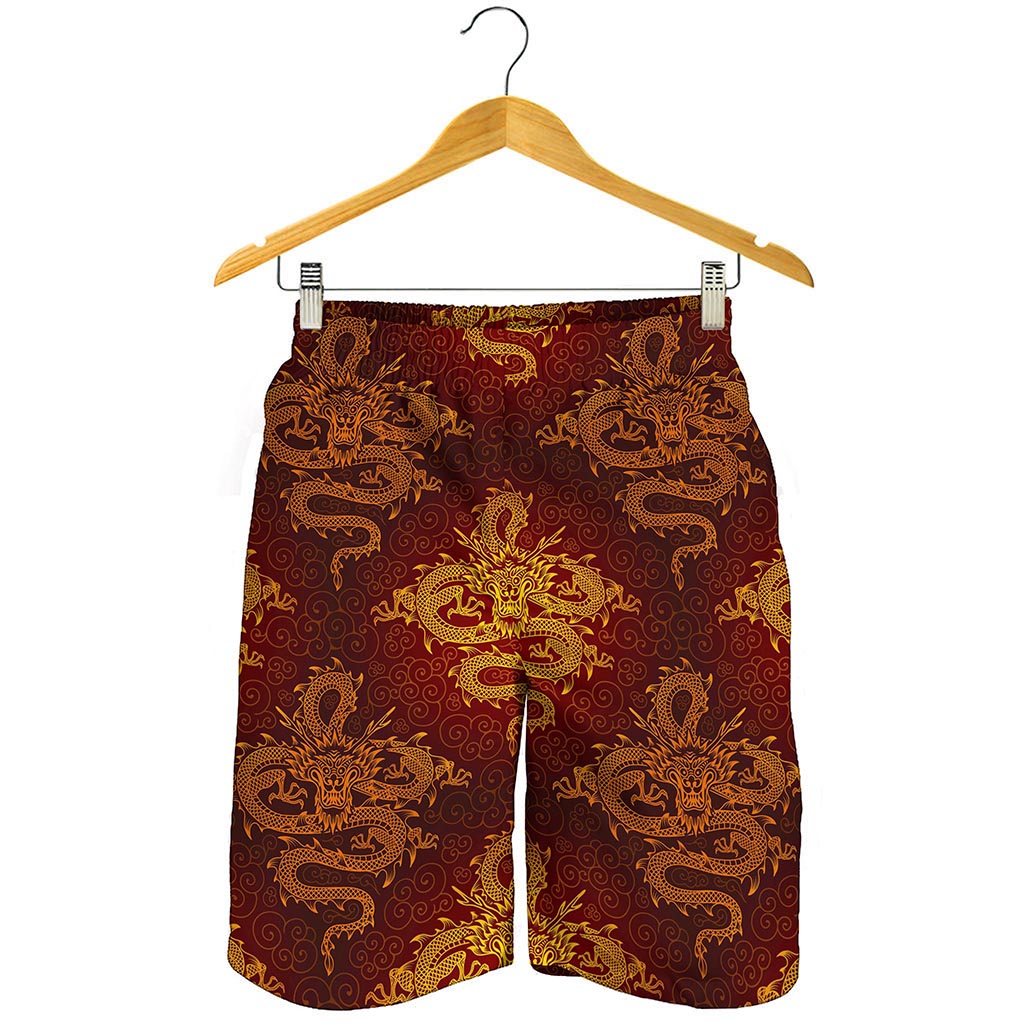 Gold Chinese Dragon Pattern Print Men's Shorts