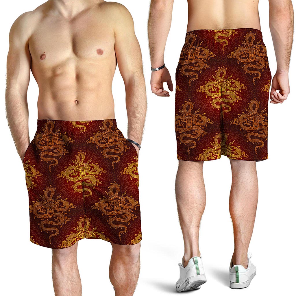 Gold Chinese Dragon Pattern Print Men's Shorts