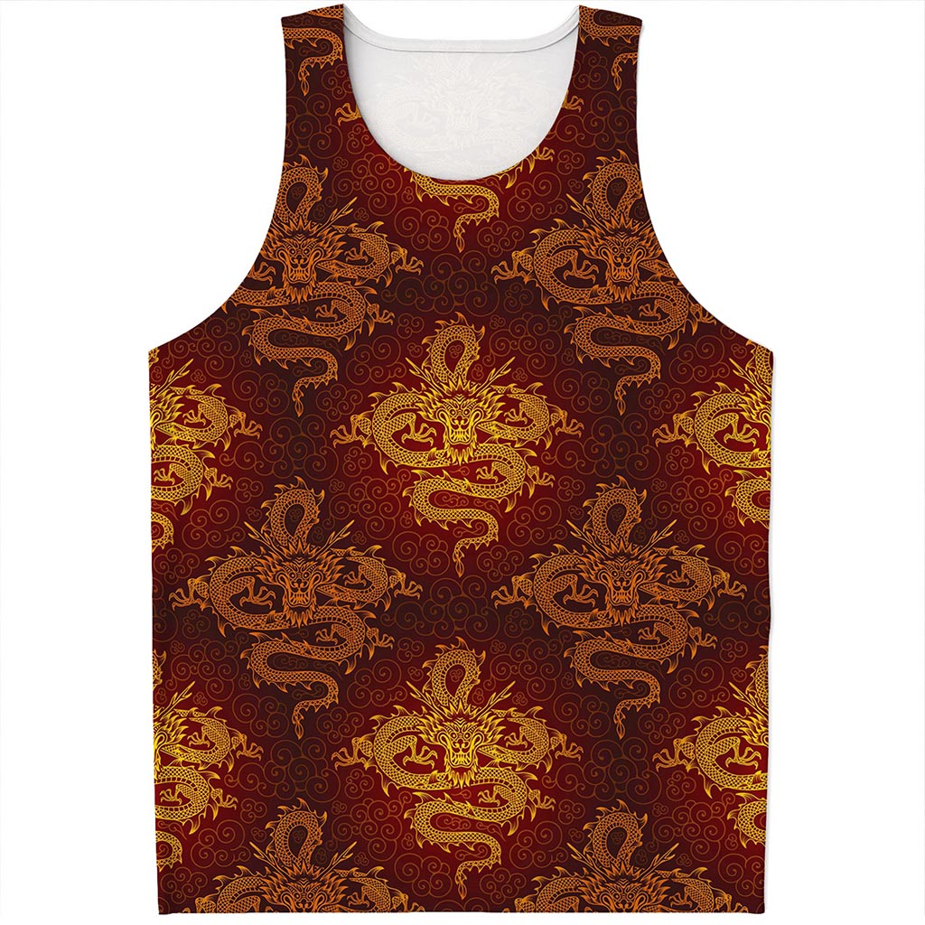 Gold Chinese Dragon Pattern Print Men's Tank Top