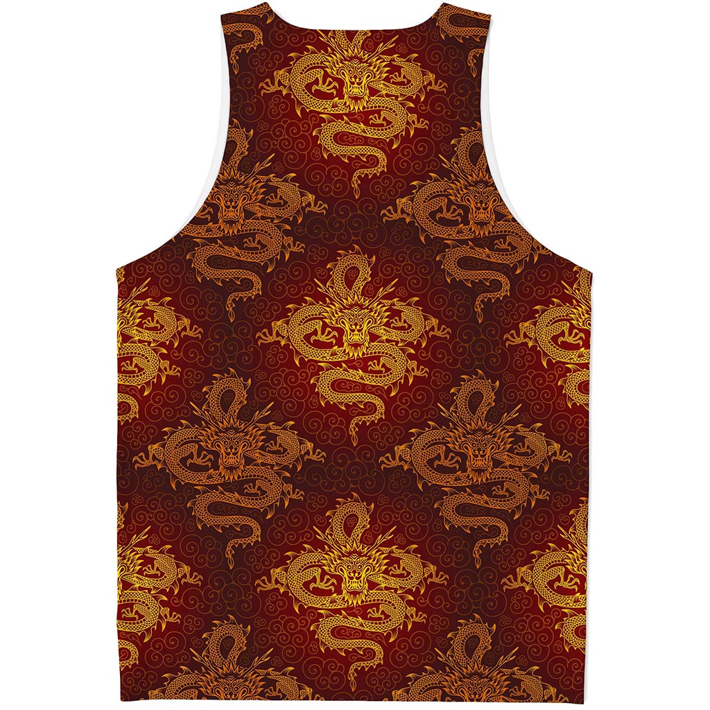 Gold Chinese Dragon Pattern Print Men's Tank Top