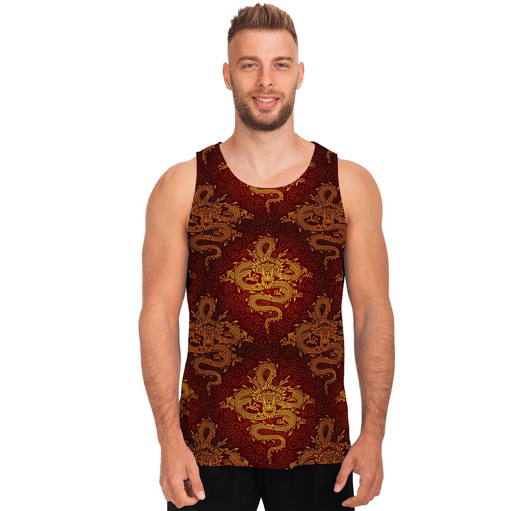 Gold Chinese Dragon Pattern Print Men's Tank Top