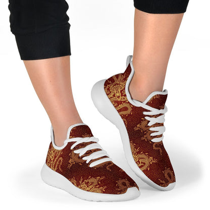 Gold Chinese Dragon Pattern Print Mesh Knit Shoes GearFrost