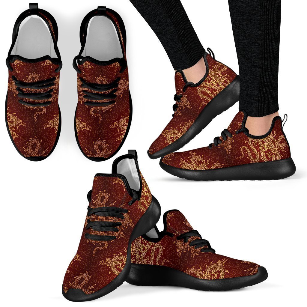 Gold Chinese Dragon Pattern Print Mesh Knit Shoes GearFrost
