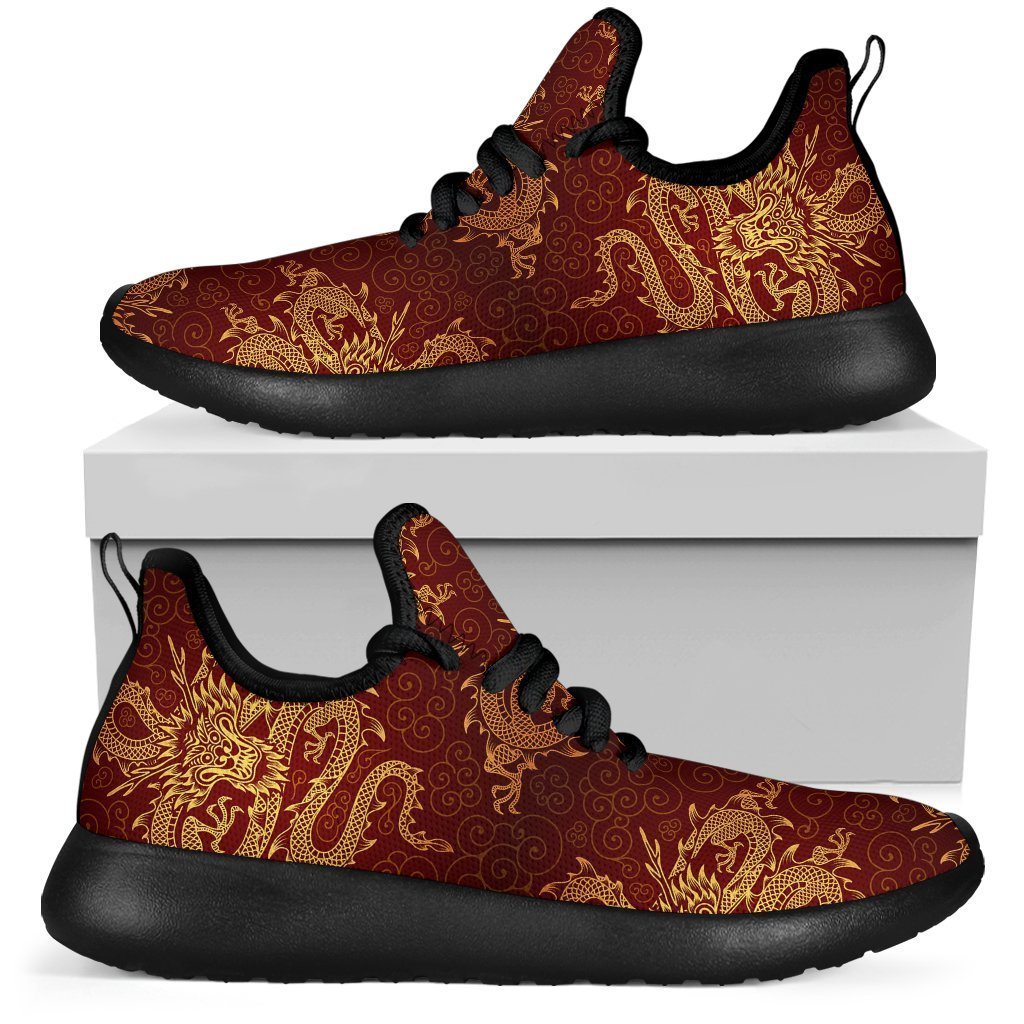 Gold Chinese Dragon Pattern Print Mesh Knit Shoes GearFrost