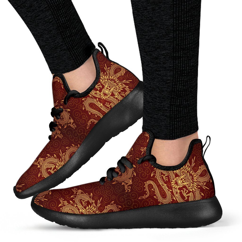 Gold Chinese Dragon Pattern Print Mesh Knit Shoes GearFrost