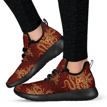 Gold Chinese Dragon Pattern Print Mesh Knit Shoes GearFrost