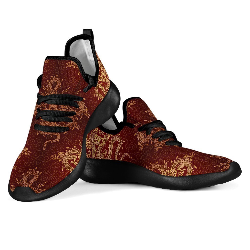 Gold Chinese Dragon Pattern Print Mesh Knit Shoes GearFrost