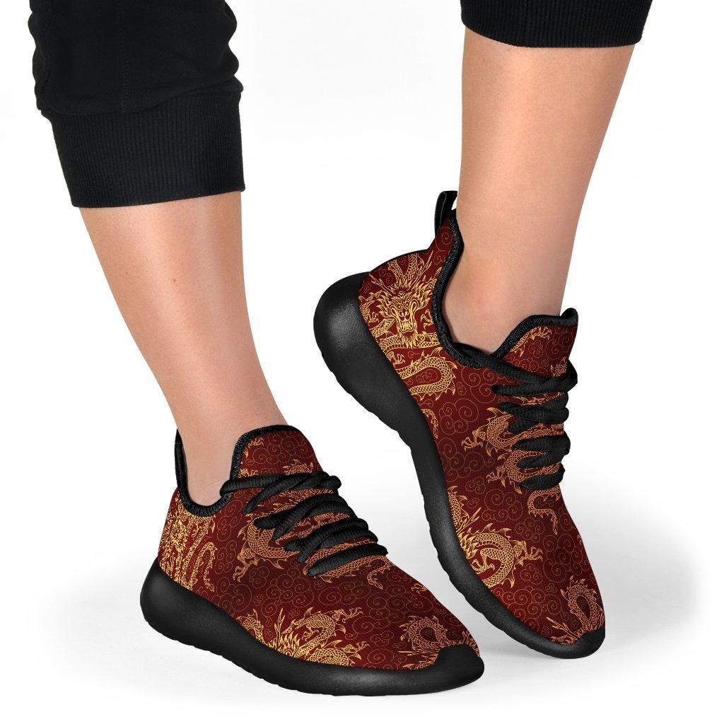 Gold Chinese Dragon Pattern Print Mesh Knit Shoes GearFrost