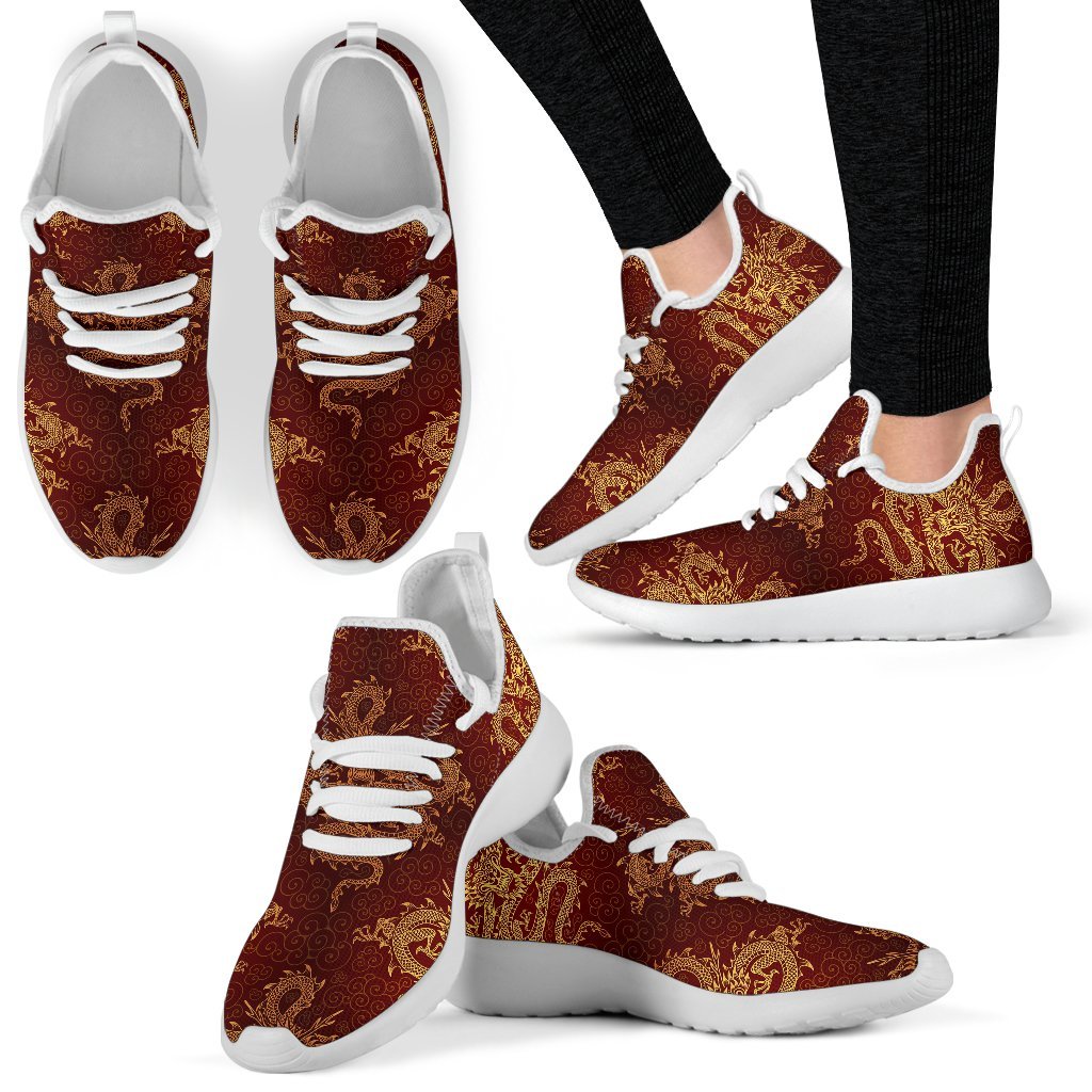 Gold Chinese Dragon Pattern Print Mesh Knit Shoes GearFrost