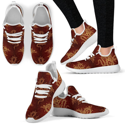 Gold Chinese Dragon Pattern Print Mesh Knit Shoes GearFrost