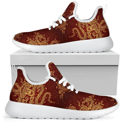 Gold Chinese Dragon Pattern Print Mesh Knit Shoes GearFrost
