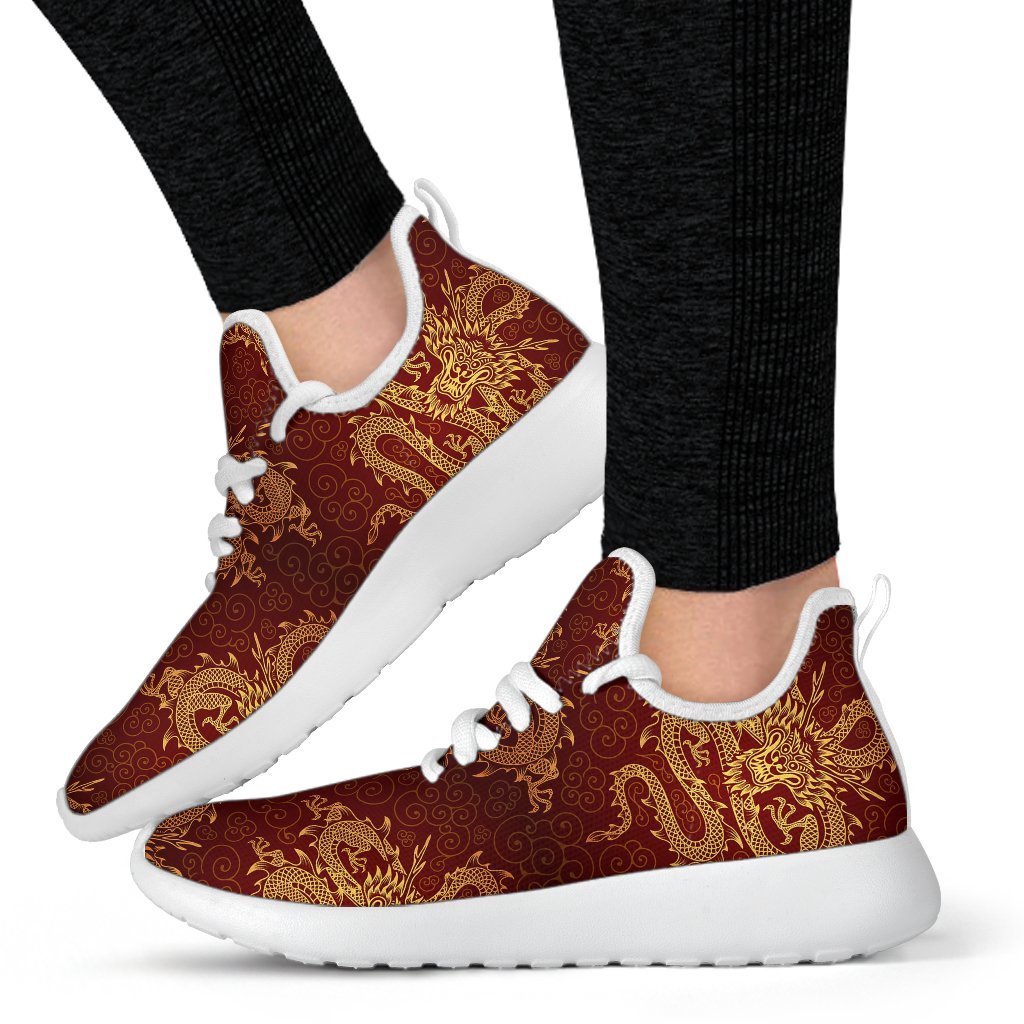 Gold Chinese Dragon Pattern Print Mesh Knit Shoes GearFrost